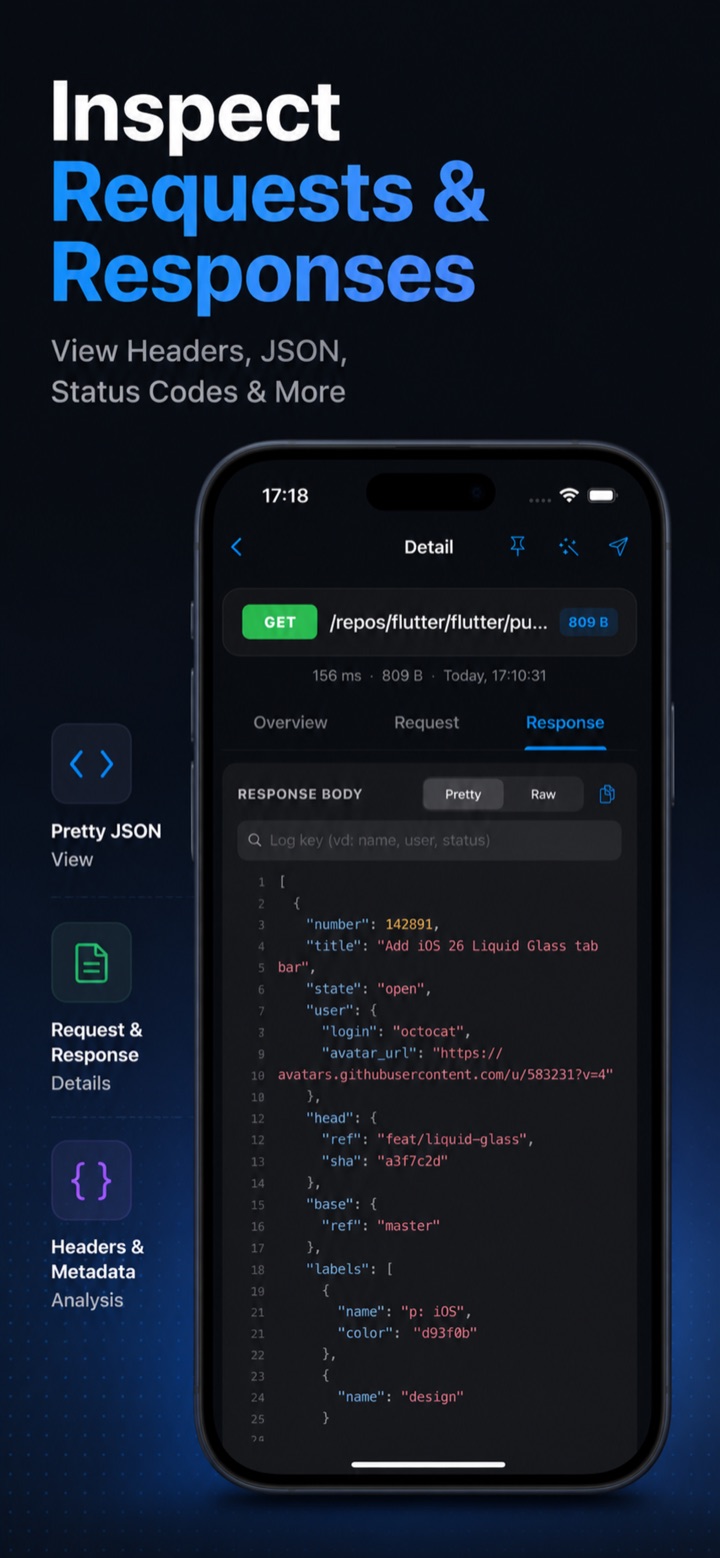 Moni Proxy request detail on iPhone showing the decrypted response body as pretty-printed JSON
