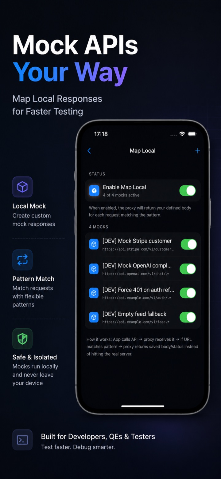 Moni Proxy Map Local screen on iPhone with custom mock responses for selected endpoints