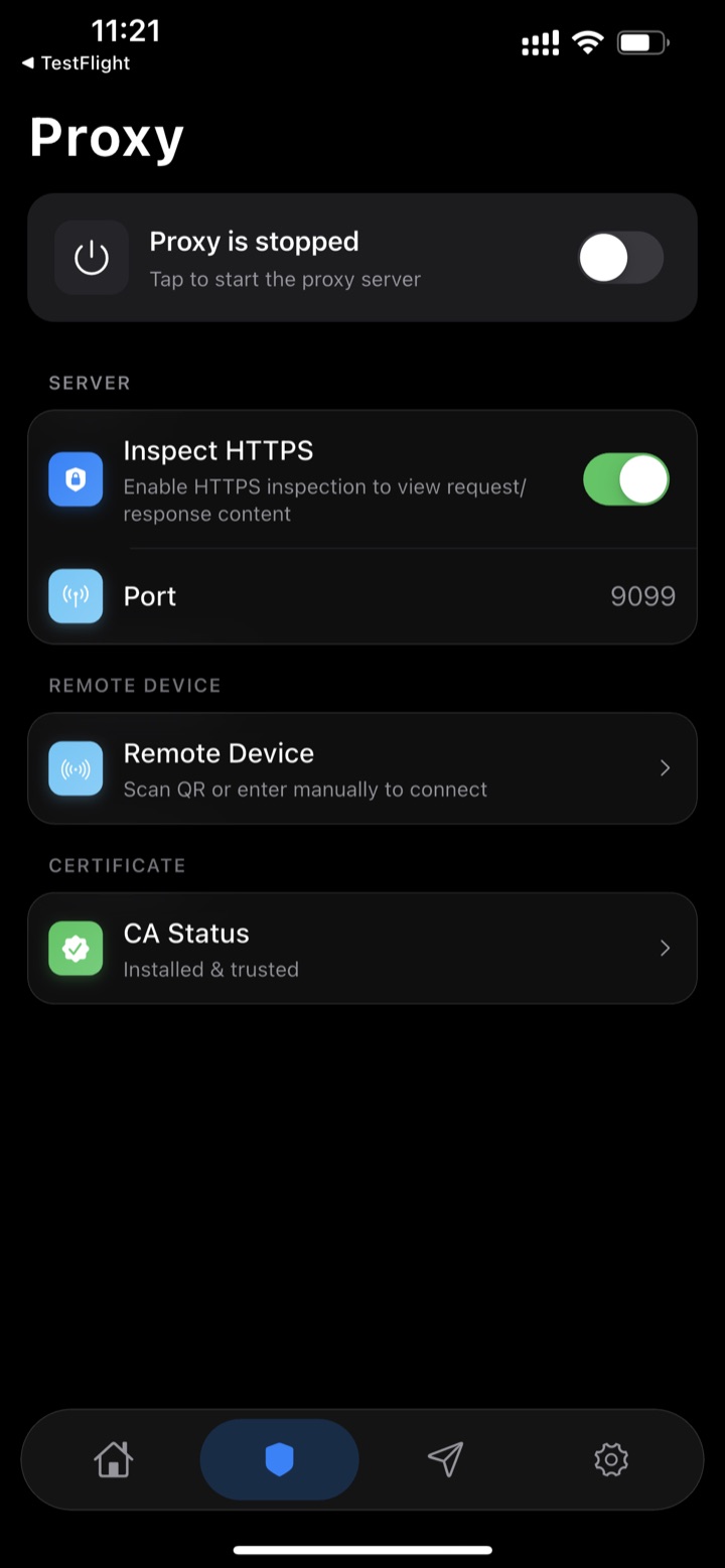Moni Proxy home screen on iPhone showing the CA certificate installed and trusted, with HTTPS inspection enabled