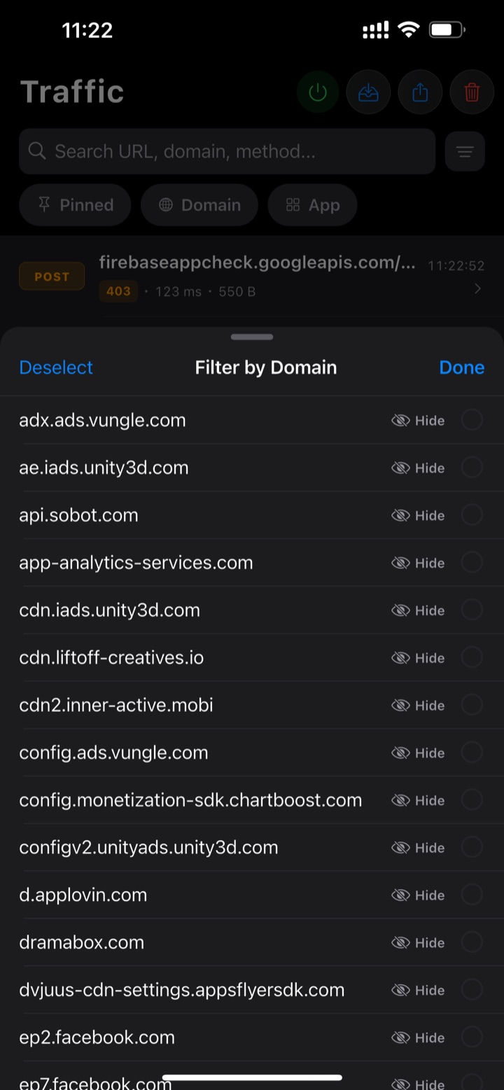 Moni Proxy traffic list on iPhone with the filter-by-domain panel open, showing requests grouped by domain