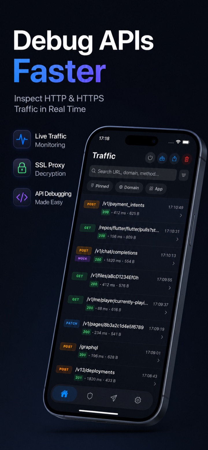 Moni Proxy on iPhone with a capture session running as live HTTPS requests stream in